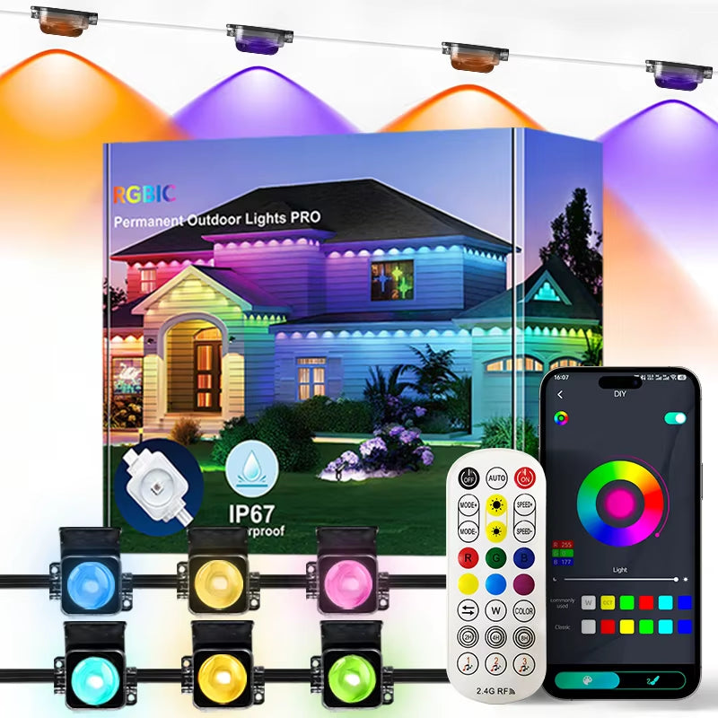 Smart Permanent Outdoor Lights Eaves Lights IP67 Waterproof Light String with App Remote Control Music Sync for House Roof Decor