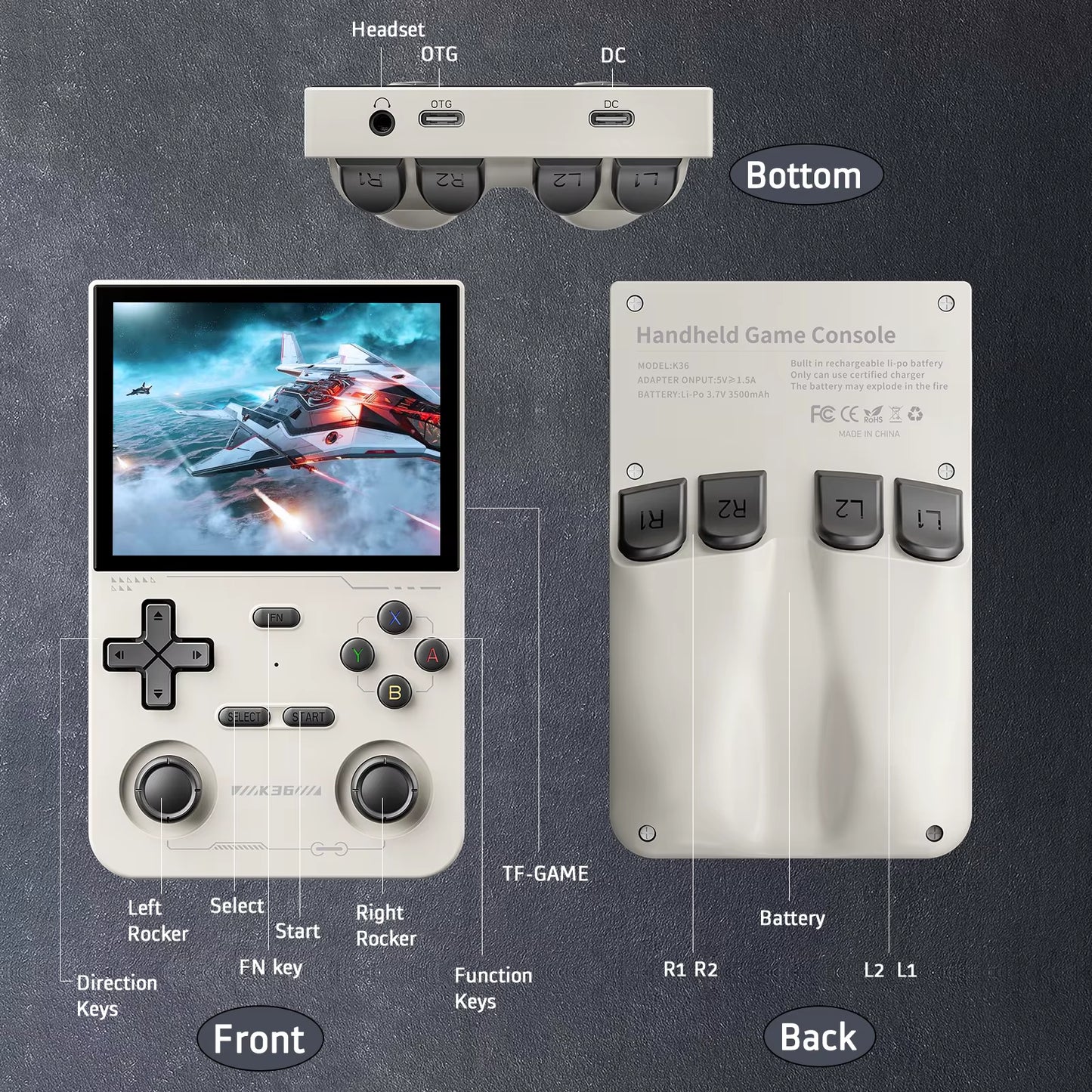 Open Source K36 Retro Handheld Video Game Console 16000 Games Emulator for PS1/PSP/DC/N64/SS 500Nit 3.5 Inch IPS Screen
