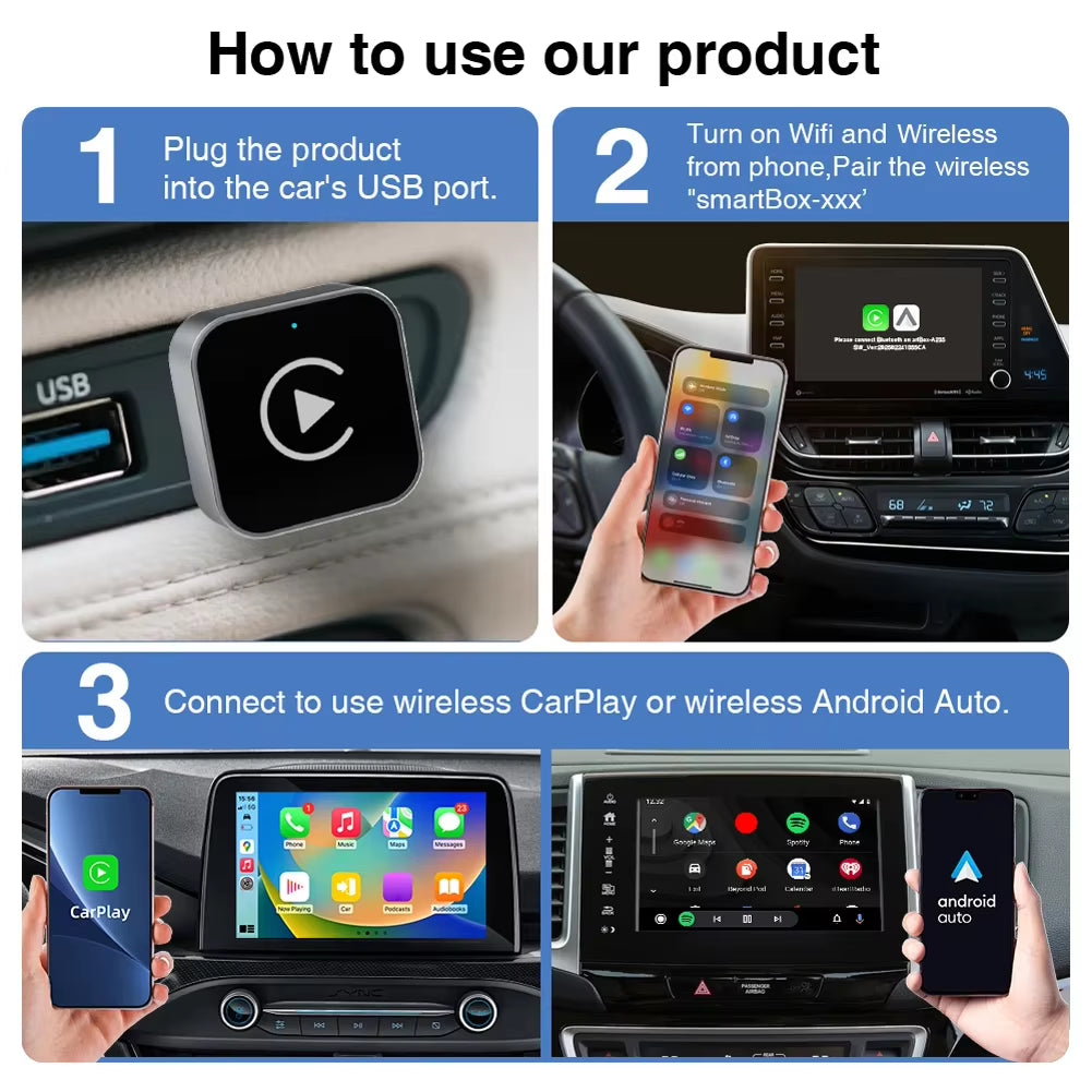 2 in 1 Wireless Carplay Android Auto Adapter Wired to Wireless Carplay Adapter for Iphone Wireless Control Plug & Play Carplay