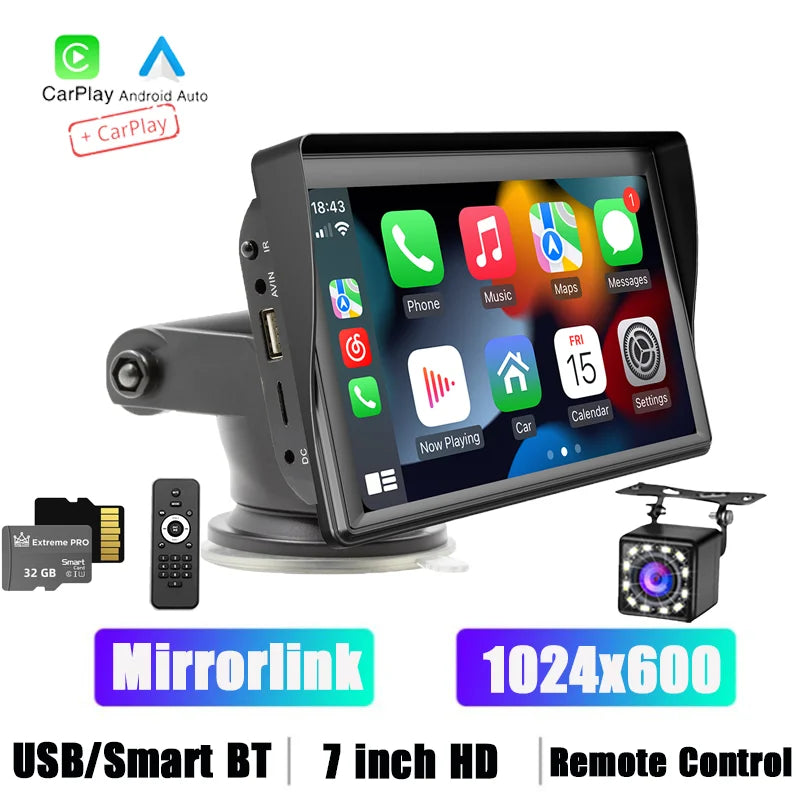 Universal 7" HD Portable Car MP5 Wireless Android Auto/Carplay BT Mirrorlink Car Player Remote Control Cat Stereo