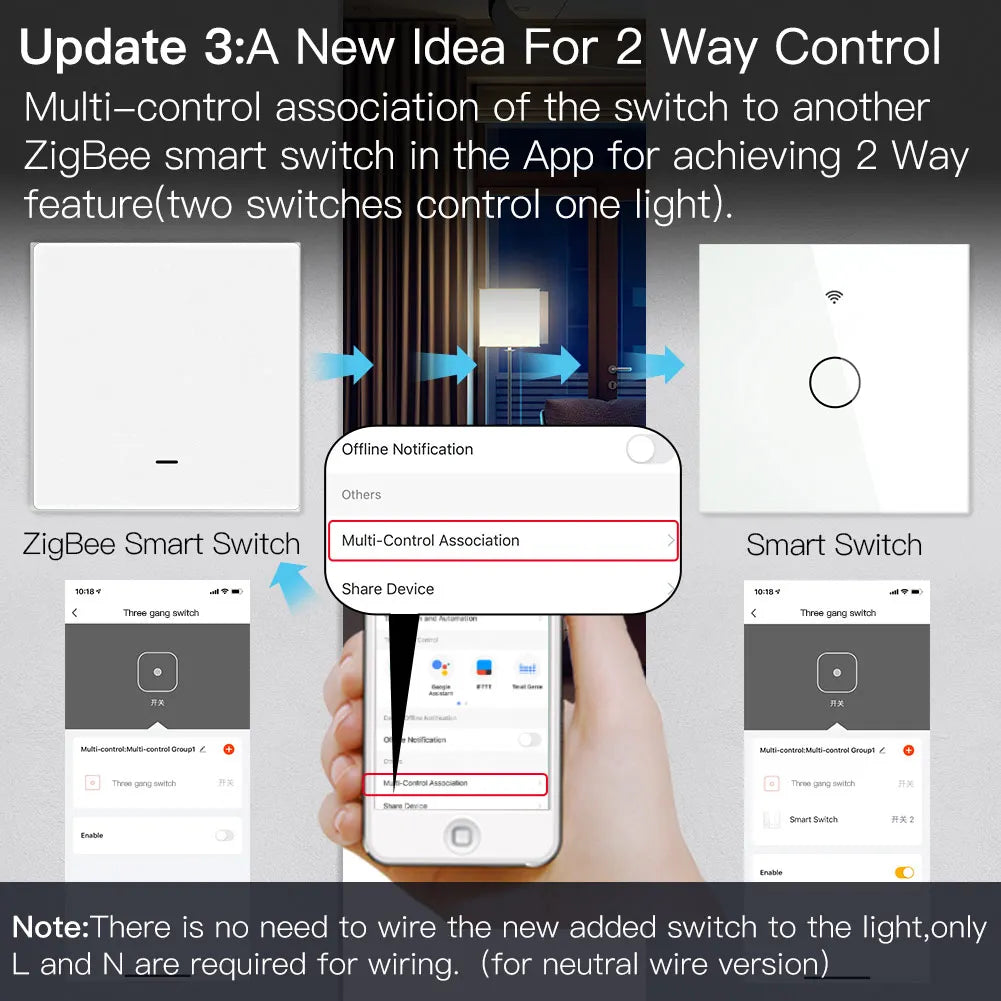 Smart Light Switch No Neutral Wire No Capacitor Needed Smart Life 2/3 Way Works with Alexa Google Home 2Mqtt