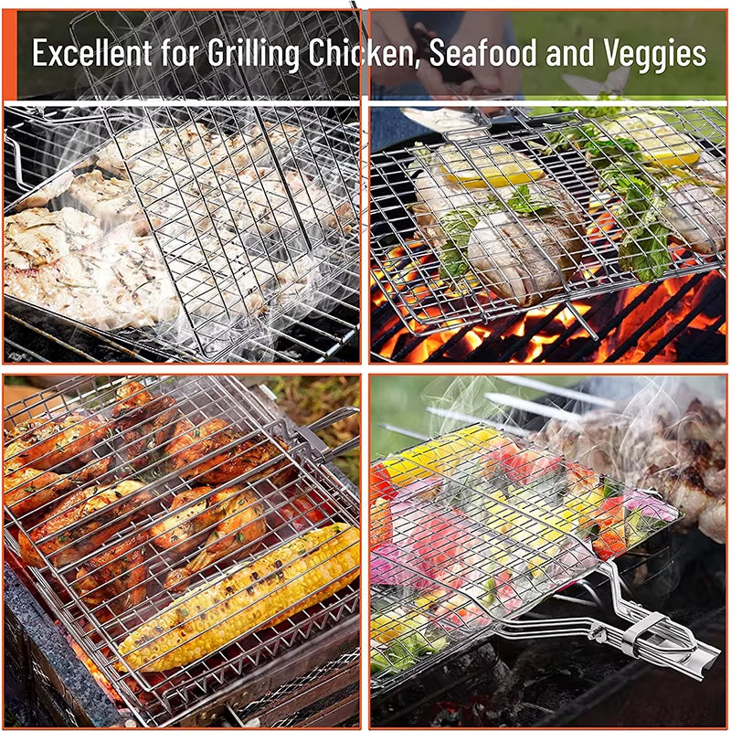 Foldable Grill Basket Portable Stainless Steel BBQ Barbecue Grilling Basket with Removable Handle Steak Fish Basket JT59