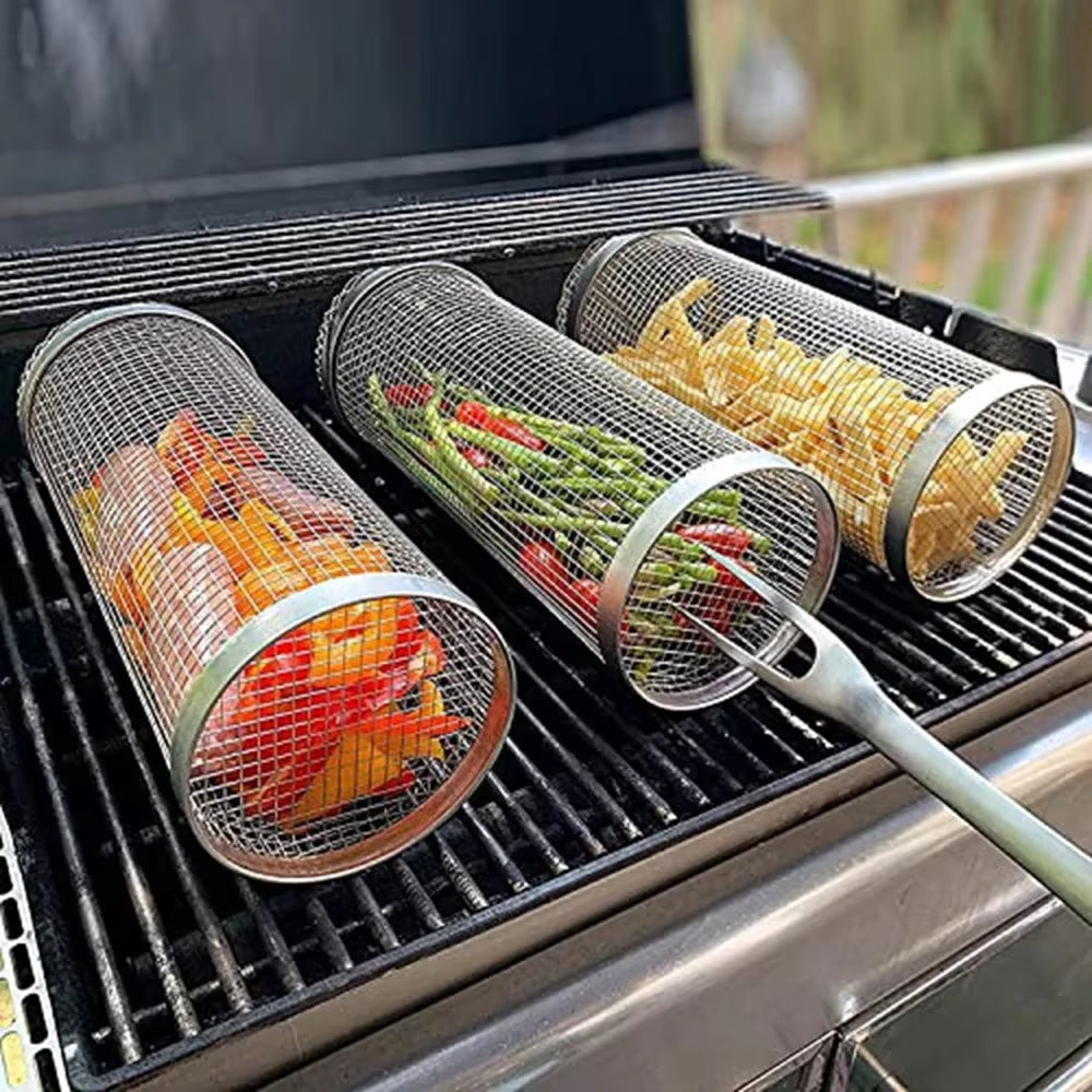 Rolling Bbq Basket- Greatest Grilling Basket Ever, round Stainless Steel Grill Mesh, Camping Barbecue Rack for Vegetables,Fish