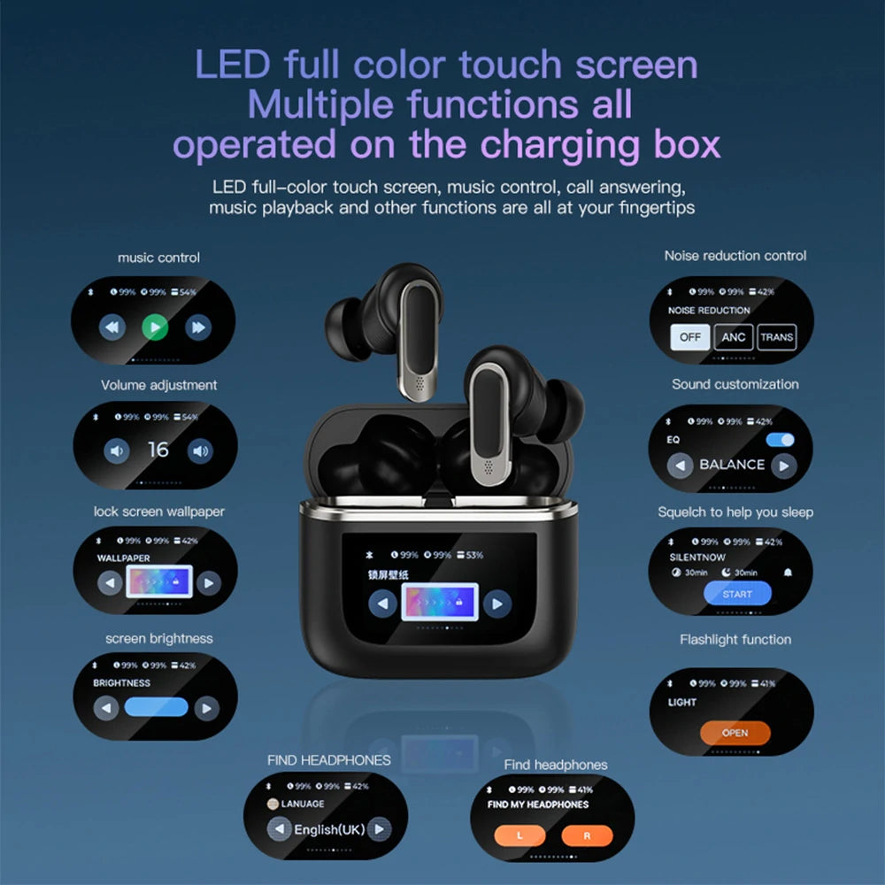 Blitzwolf BW-FYE16 LED Screen TWS Earbuds Bluetooth Earphone Colorful Touch Screen Active Noise Cancelling 32H Battery Life 3D Spatial Audio HD Calls IPX5 Waterproof Portable Headset