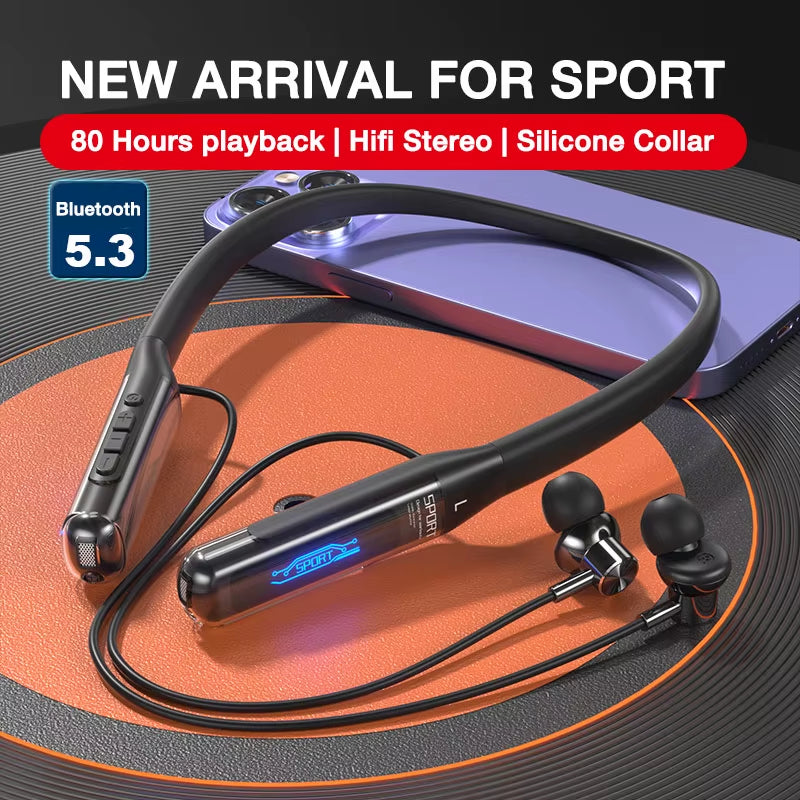 80 Hours Endurance Bluetooth Headphone with Microphone Wireless Headphones Bass Stereo Neckband Earphones Bluetooth 5.3