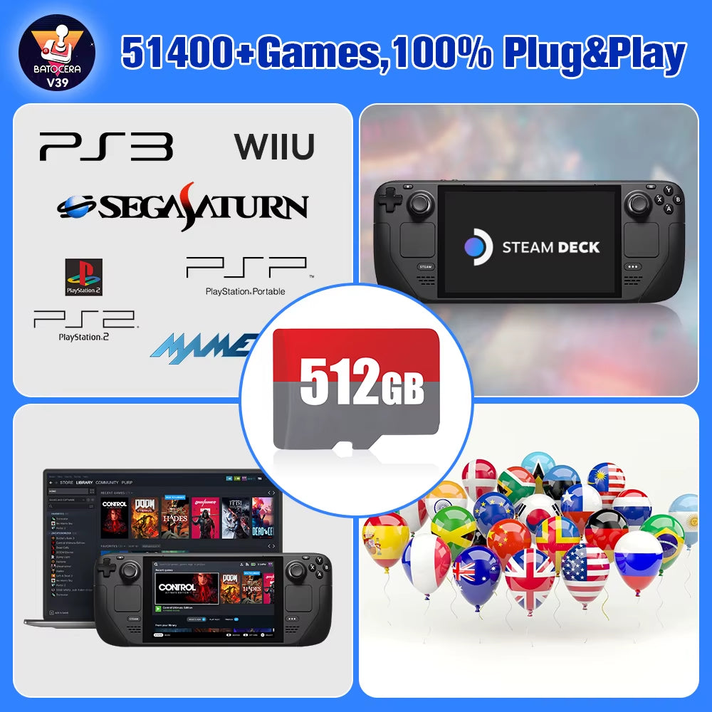 Batocera Tf/Game Card for Steam Deck/Windows Pc/Mac/Handheld Game Console for PS3/PS2/SS/PS1/PSP/DC/MAME 70+Emulators&51400+Game