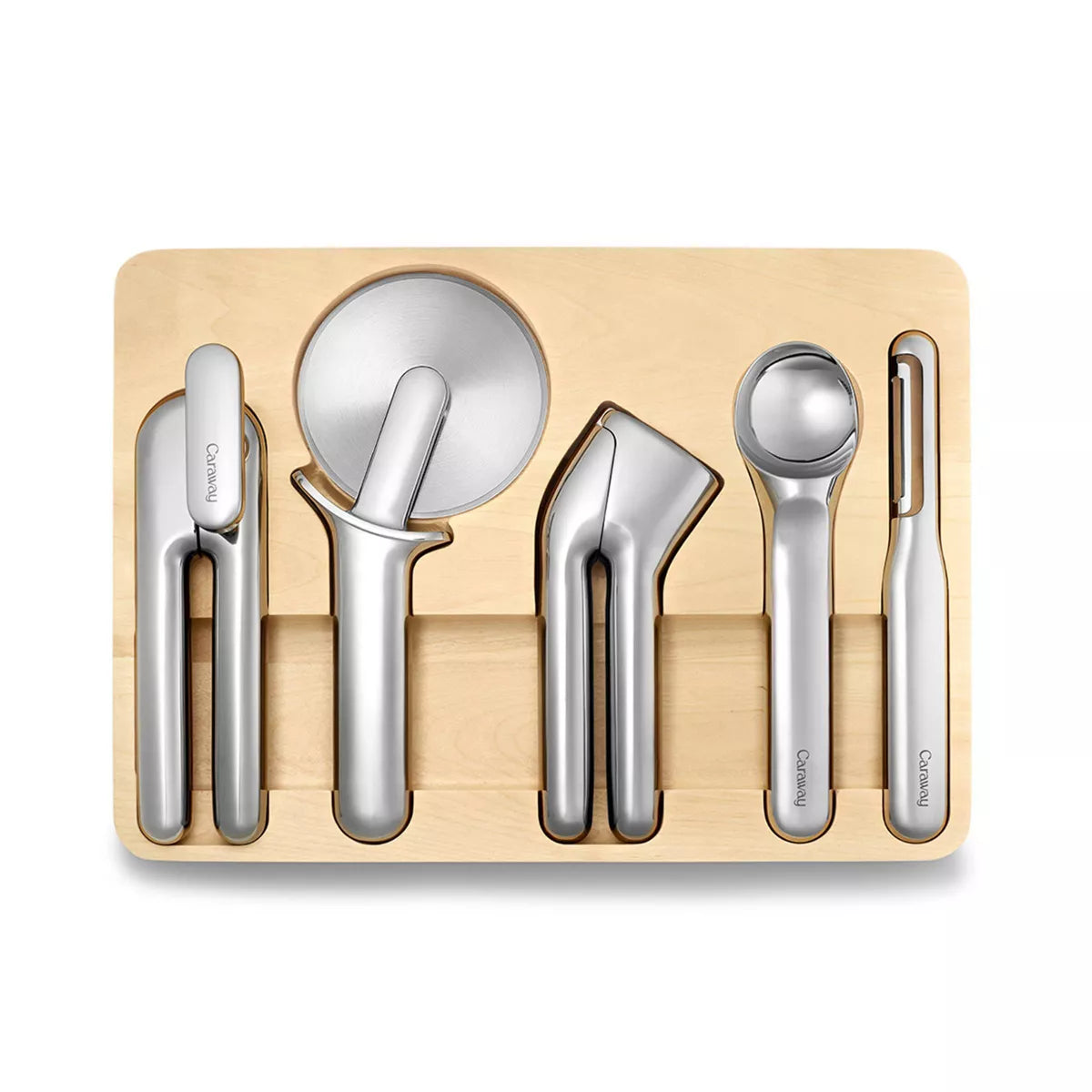6-Piece Kitchen Gadget Set: Stainless Steel Utensils with Peeler, Pizza Cutter, Can Opener, and Silver Holder