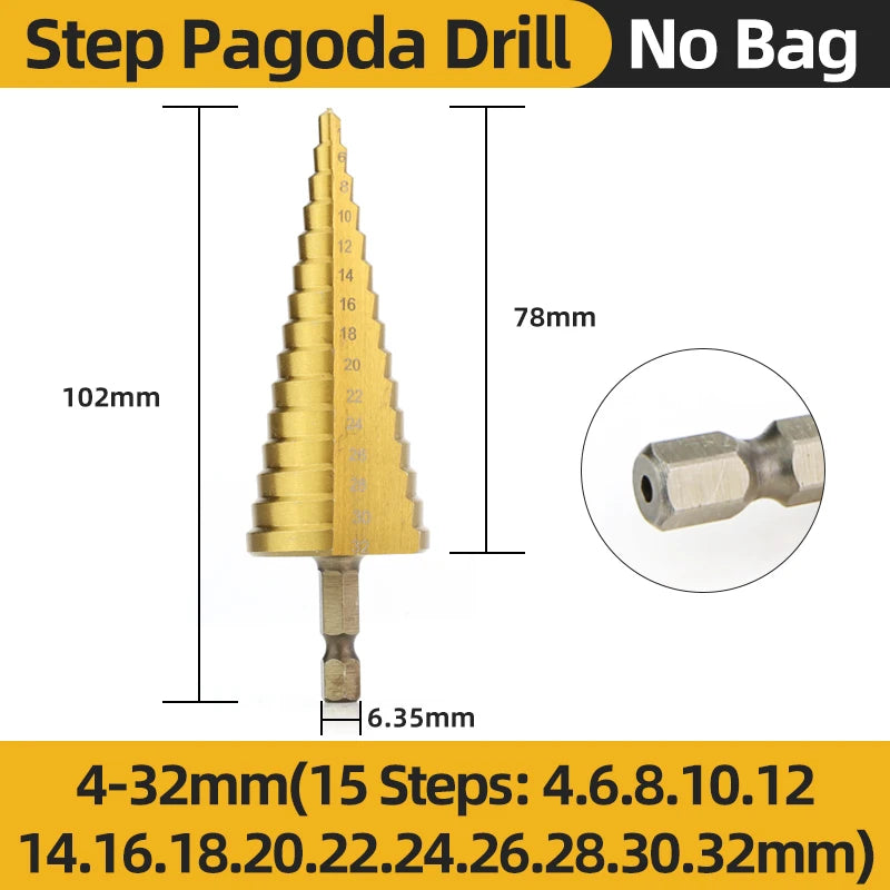 HSS Titanium Step Drill Bit High Speed Stepped Drill Set Saw Drill Tools Conical Stage Drill for Metal Wood 4-12 4-20 4-32Mm