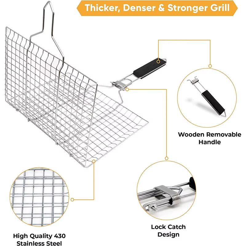 Foldable Grill Basket Portable Stainless Steel BBQ Barbecue Grilling Basket with Removable Handle Steak Fish Basket JT59
