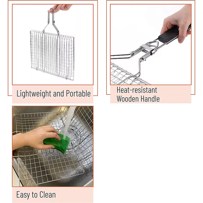 Foldable Grill Basket Portable Stainless Steel BBQ Barbecue Grilling Basket with Removable Handle Steak Fish Basket JT59