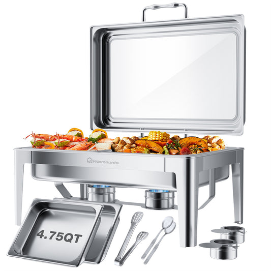Rectangular Chafing Dish Buffet Set - Hydraulic Pivotlid, Stainless Steel Catering Server - 9.5QT, 2-Tray Noiseless Warmer
