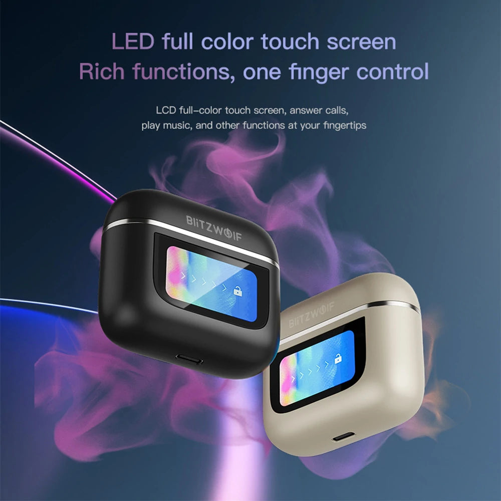 Blitzwolf BW-FYE16 LED Screen TWS Earbuds Bluetooth Earphone Colorful Touch Screen Active Noise Cancelling 32H Battery Life 3D Spatial Audio HD Calls IPX5 Waterproof Portable Headset
