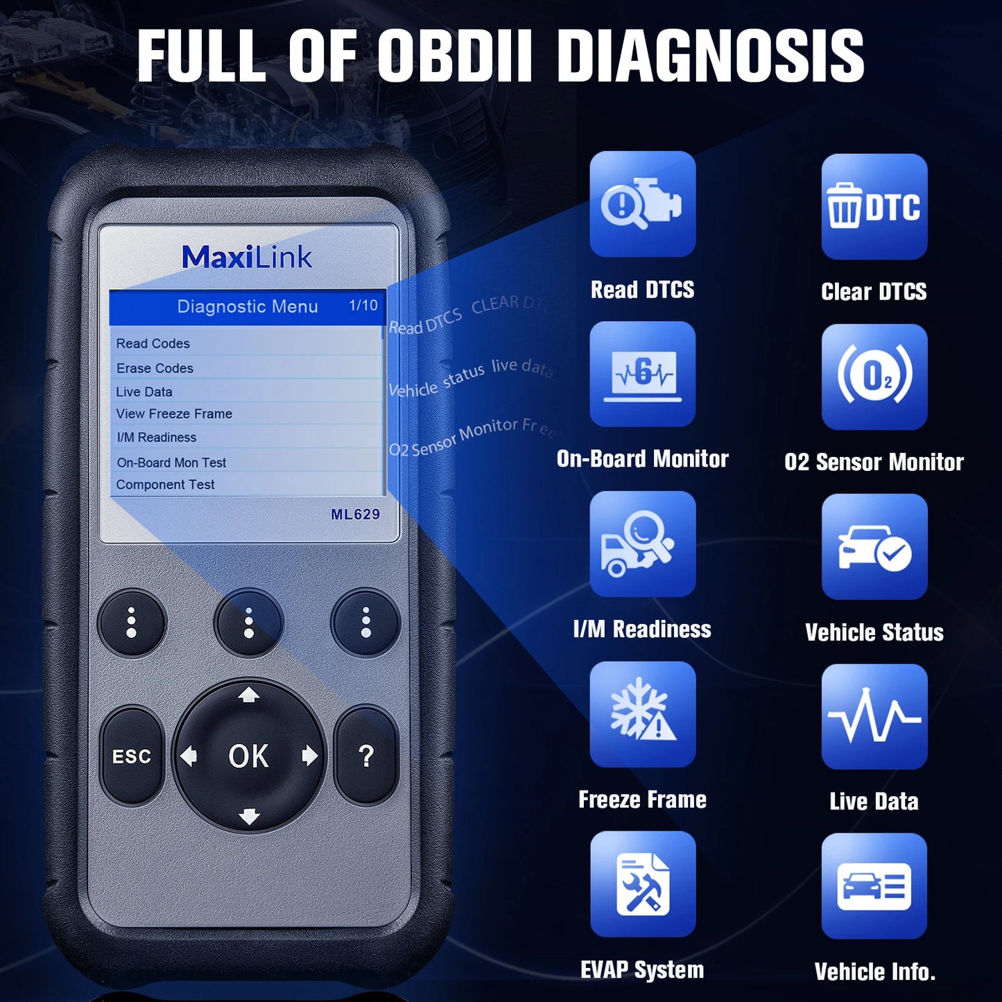 Maxilink ML629 Enhanced CAN OBD2 Scanner with ABS SRS Transmission Engine Diagnosis Auto VIN Scan Tool Check Engine Light