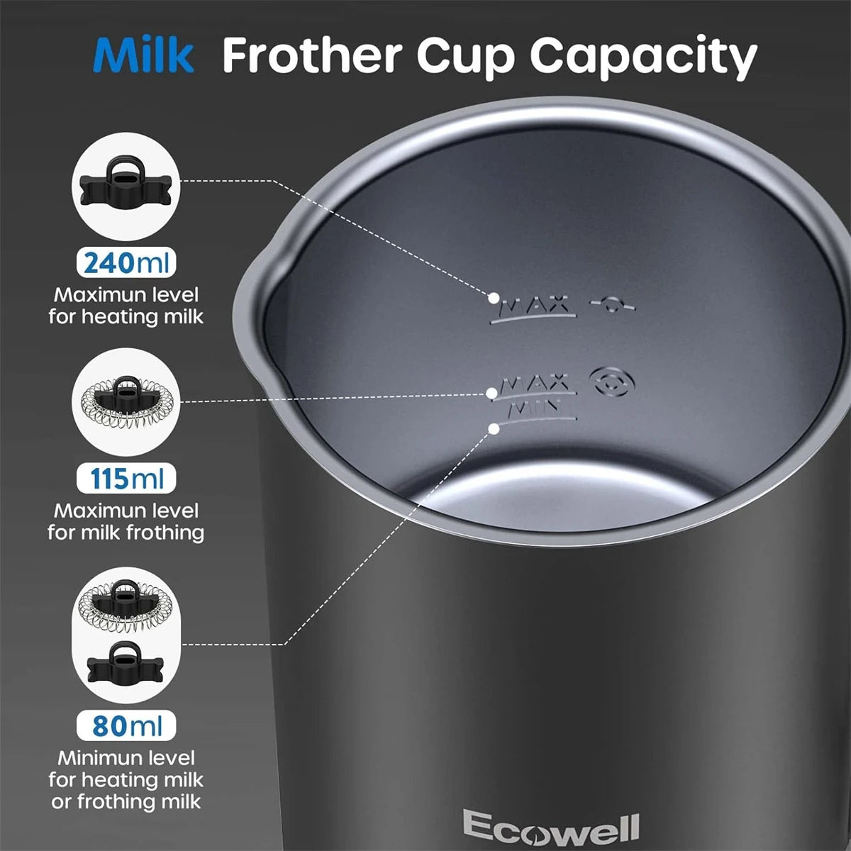 ECOWELL Milk Frother, Frother for Coffee 4 in 1, Milk Steamer Warm and Cold Foam Frother, Milk Steamer and Frother for Latte, Macchiato, Cappuccinos Silent Working 8.1Oz/240 Ml WMMF01 Black