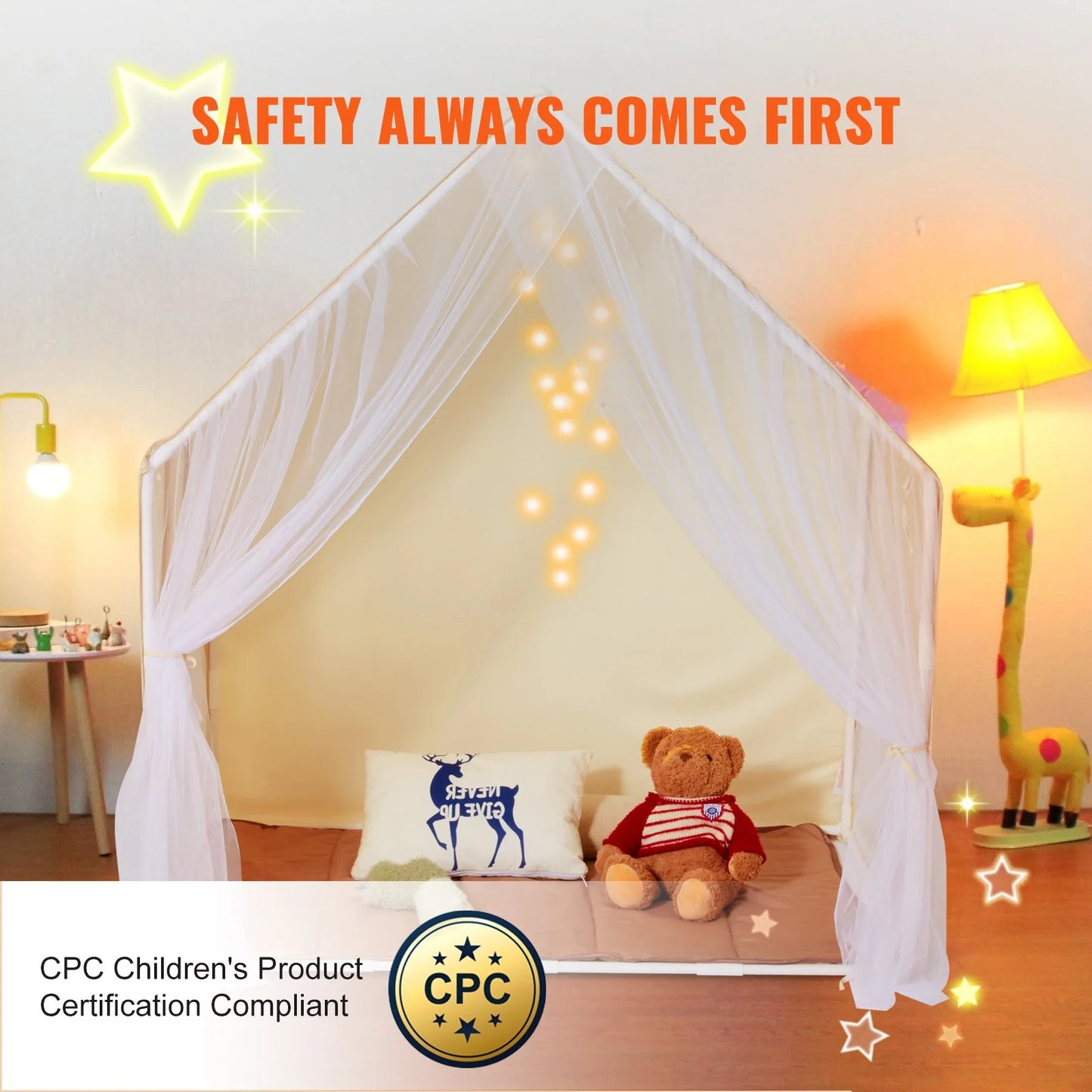 Kids Play Tent, Kids Tent for Kids 1-5 Years Old, Toddler Tent with Mat and Tent Lamp, Beige