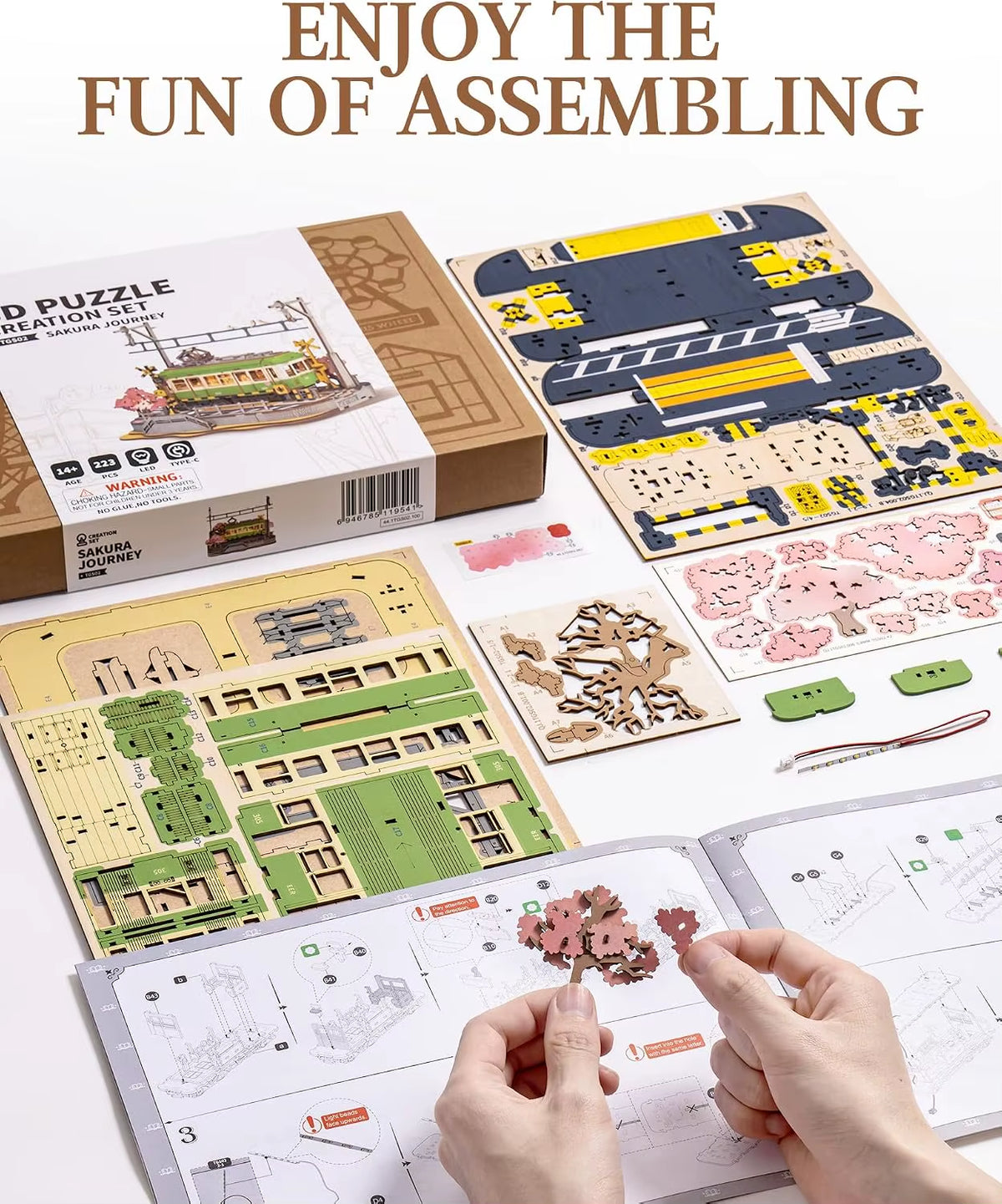 Robotime 3D Wooden Puzzle Kit - Sakura Journey Tram Model with LED Light for Kids and Hobbyists, Ideal Brain Teaser Gift