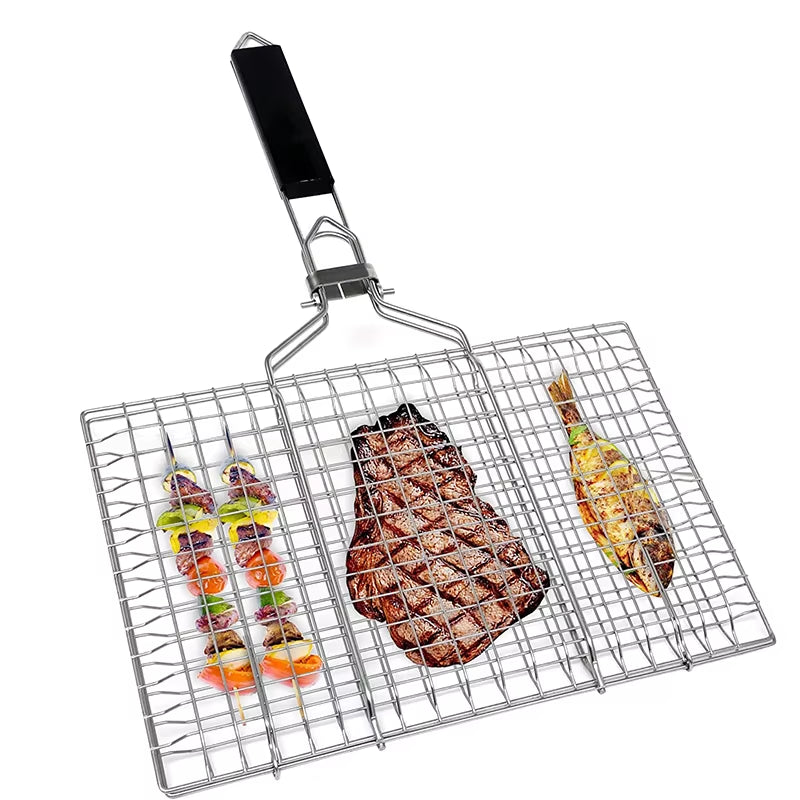Foldable Grill Basket Portable Stainless Steel BBQ Barbecue Grilling Basket with Removable Handle Steak Fish Basket JT59