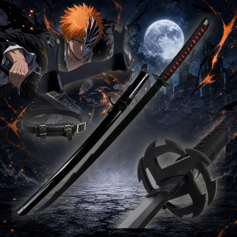 40-Inch Ichigo Kurosaki Tensa Zangetsu Katana Sword - Black Blade Anime Cosplay Prop with Wooden Bamboo Stand and Belt Holster - Full Size Japanese Wooden Sword for Display and Collection