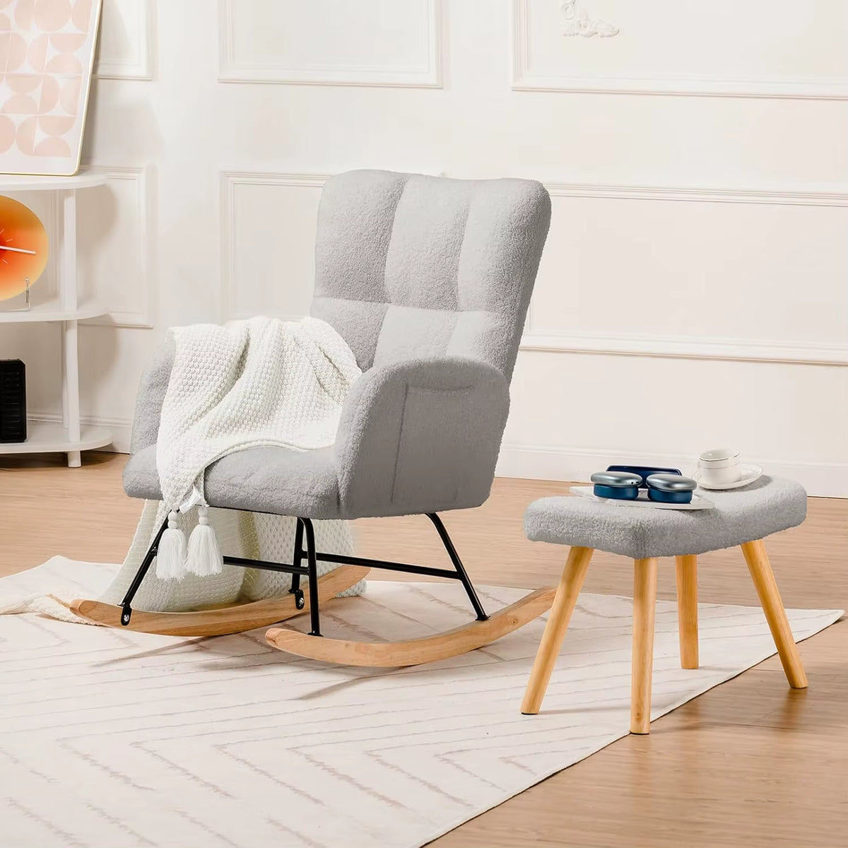 COMHOMA Teddy Glider Rocking Chair with Side Pockets, High Back Design for Adults - Ideal for Bedroom and Living Room