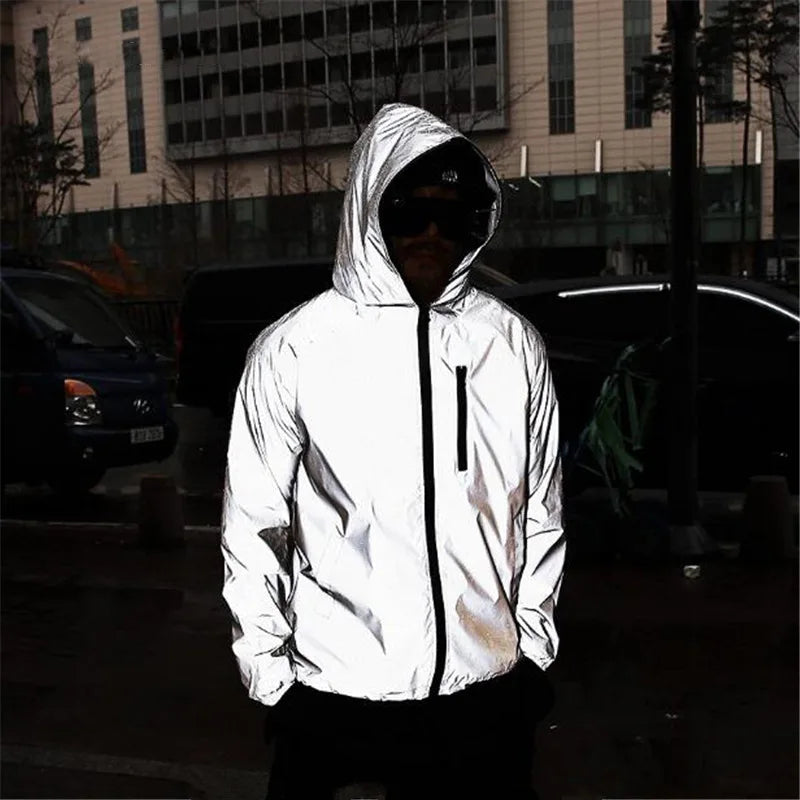Thin Shiny Silver Reflective Jacket. Unisex Cycling Full-Reflective Hooded Jacket Coat, Windproof for Night Running. S-5XL