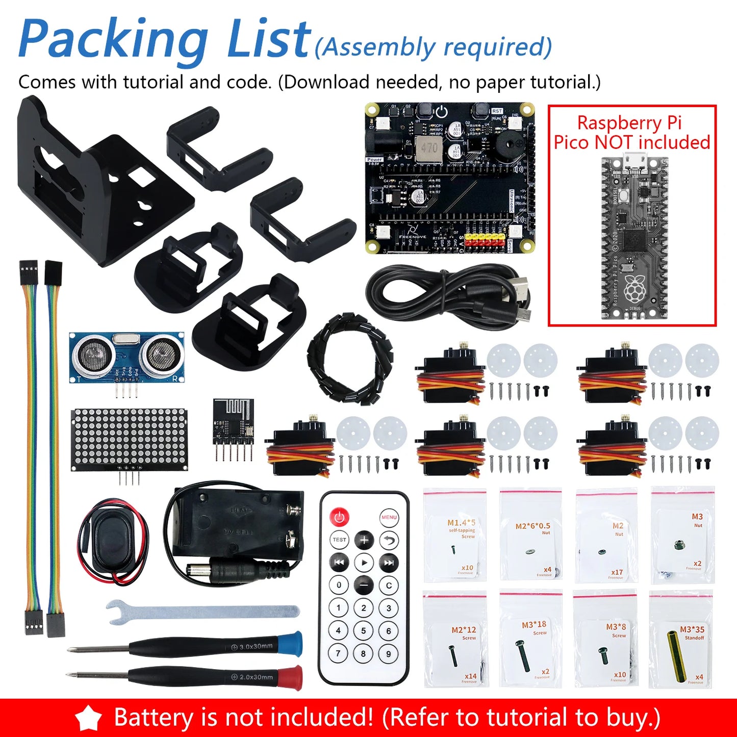 Bipedal Robot Kit for Raspberry Pi Pico (W), LED Matrix, Obstacle Avoidance, RGB Lights, Buzzer, Speaker, Remote, App