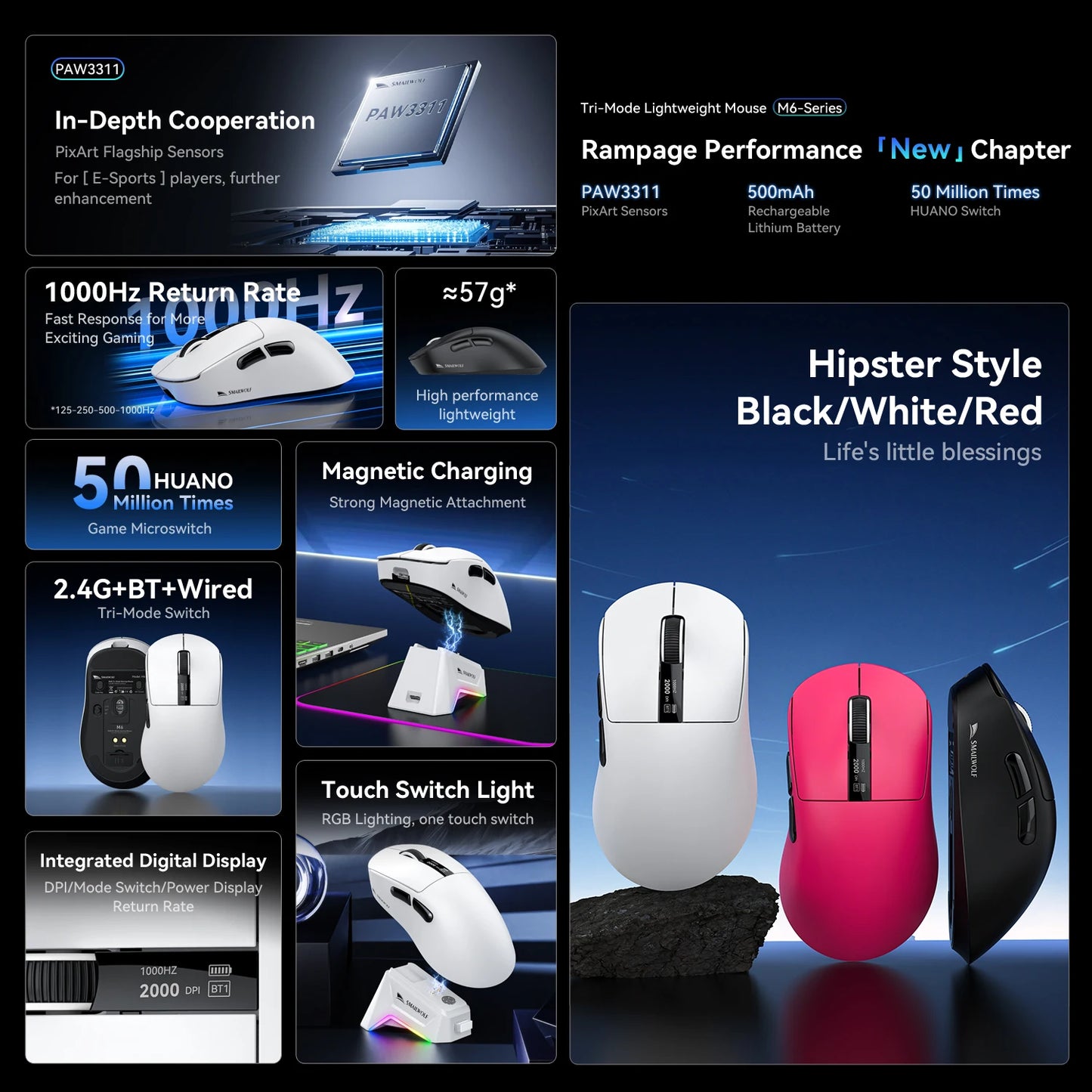 M6 Bluetooth Wireless Mouse Three-Mode E-Sports Gaming Laptop Lightweight PAW3311 1KHZ 12KDPI with Charging Dock