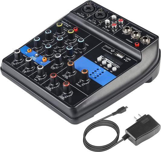 Professional 4-Channel Audio Mixer Console with USB Audio Interface, 48V Phantom Power, and FX Reverb Delay Effect for Streaming and DJ Studio Sound Board