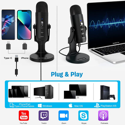 Professional USB Condenser Microphone with Plug and Play Functionality for Gaming, Podcasting, and Recording on PC, Mac, and PS4/PS5 (Black)