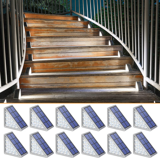 12 Pack Outdoor Solar Step Lights - Cool White Triangle Deck Lights with Waterproof Design for Stair Patio Yard, Driveway, Porch, Front Door, and Sidewalk - Auto On/Off for Enhanced Decoration