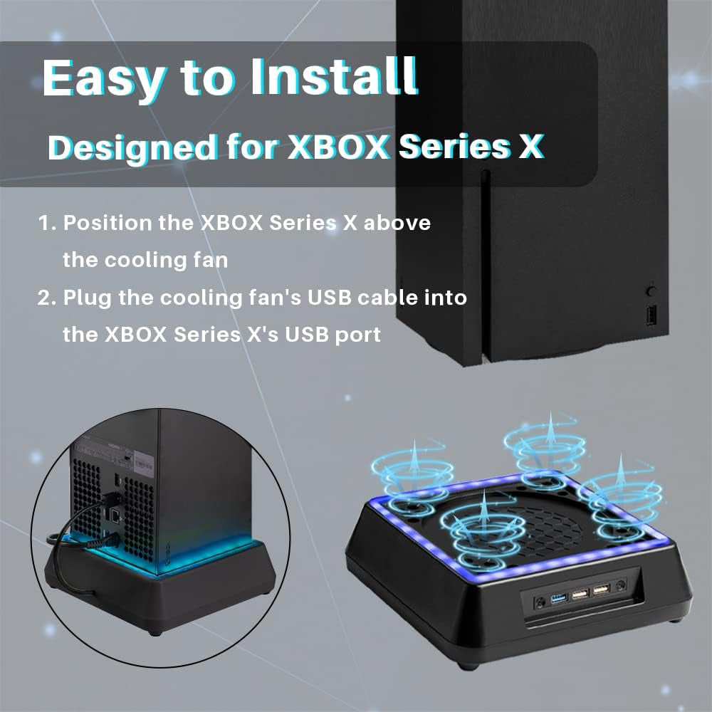 Xbox Series X Cooling Fan: Adjustable Speed System, Low Noise, Extra USB Ports, RGB LED Light