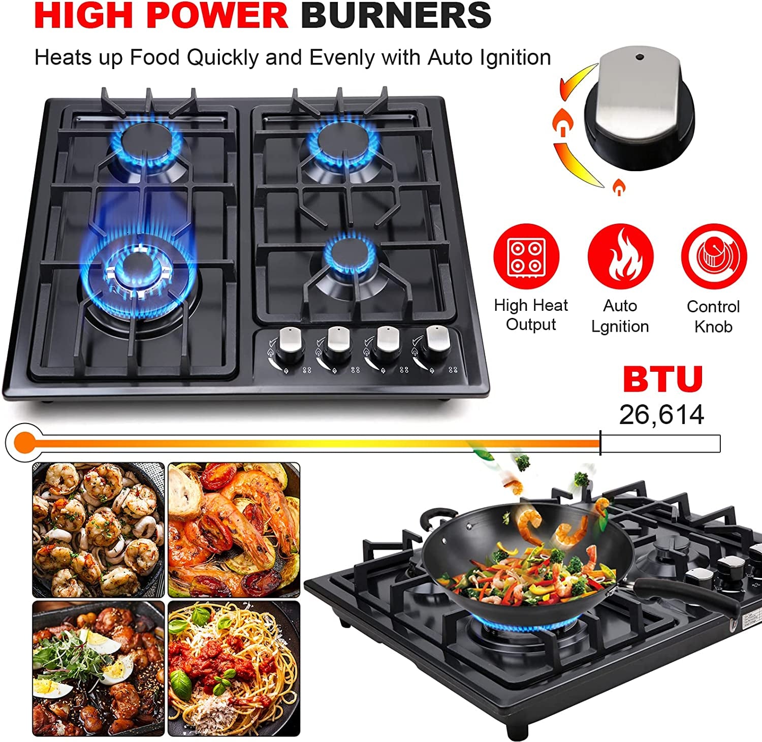 22-Inch Built-In Stainless Steel Gas Cooktop with 4 Burners, NG/LPG Conversion Kit, Thermocouple Protection, and Easy-Clean Design