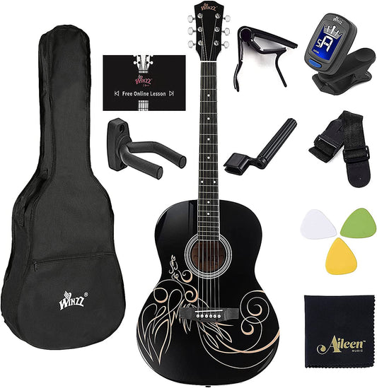 Professional-quality 39 Inch Concert Acoustic Guitar Kit with Elegant Vine Pattern