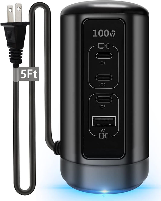 100W USB C Tower Charger with 4-Port Gan - Sleek, Efficient Design for Macbook Pro/Air, USB-C Laptop, iPhone 14/13/12, Galaxy, Fold, Pixel and More Devices