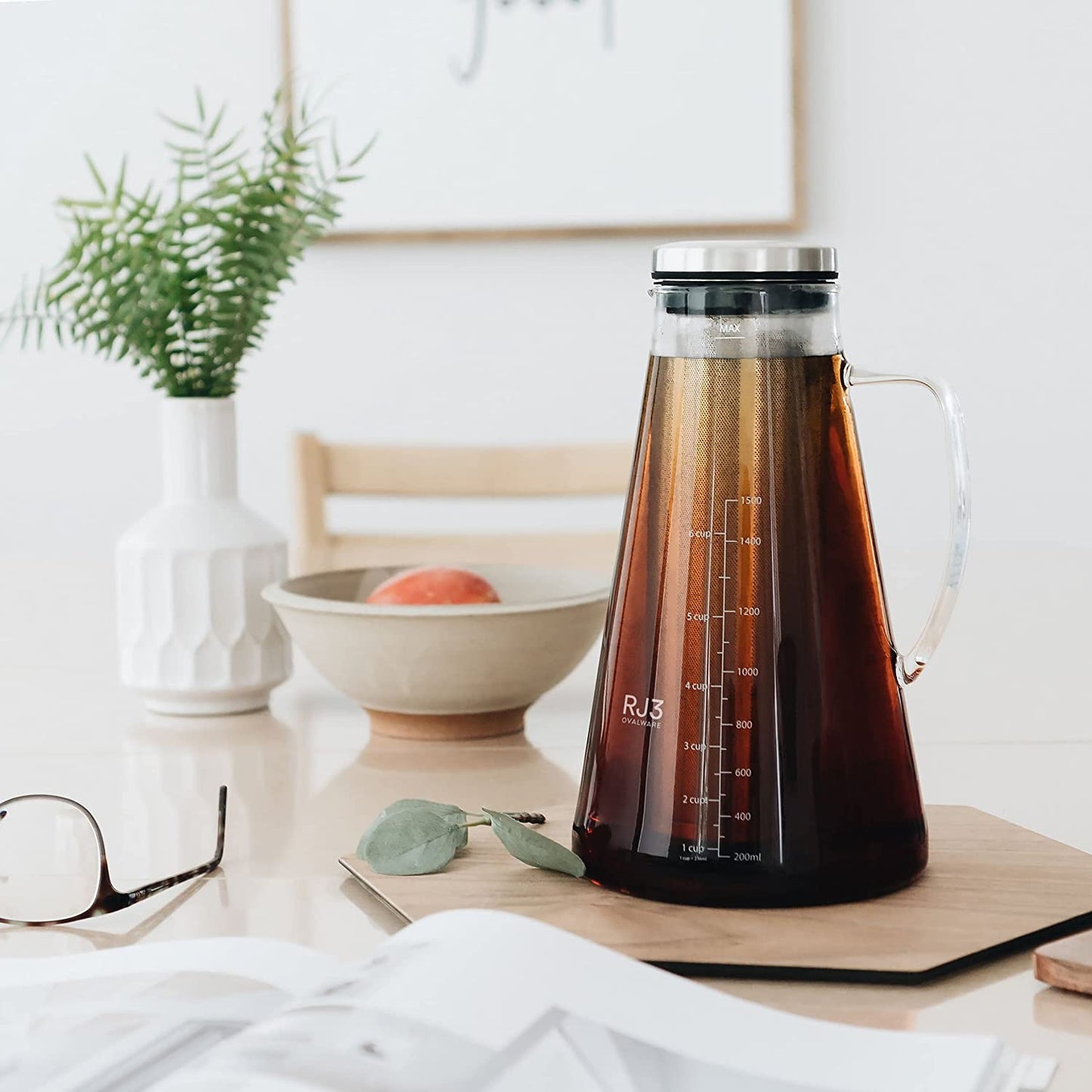 Premium 1.5L/ 51Oz Airtight Cold Brew Coffee and Tea Maker with Spout - Brewing Glass Carafe featuring Removable Stainless Steel Filter