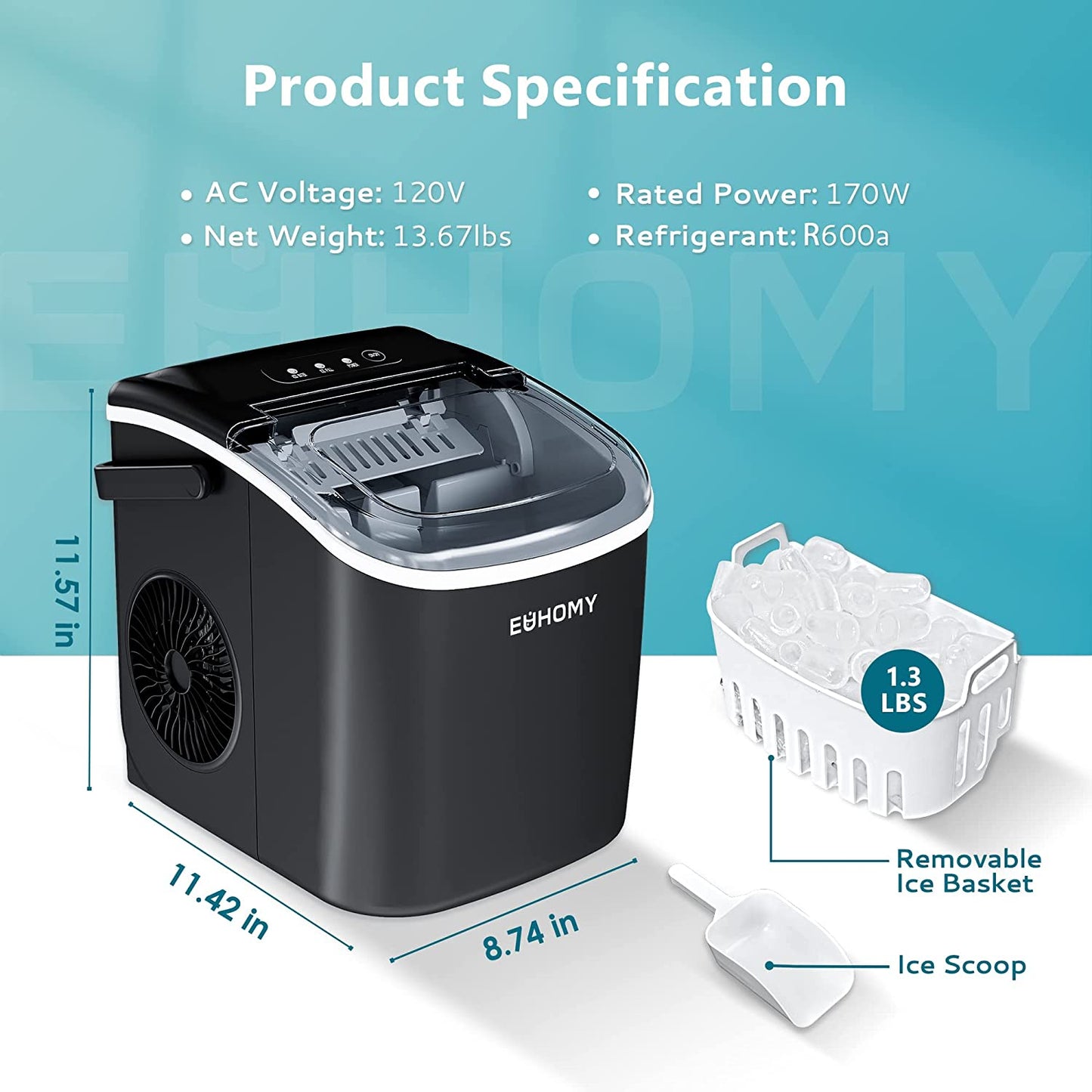 Portable Countertop Ice Maker Machine - 26lbs in 24 Hours, 9 Ice Cubes Ready in 6 Minutes, with Handle, Auto-Cleaning, Includes Basket and Scoop - Ideal for Home, Kitchen, Camping, RV - Black