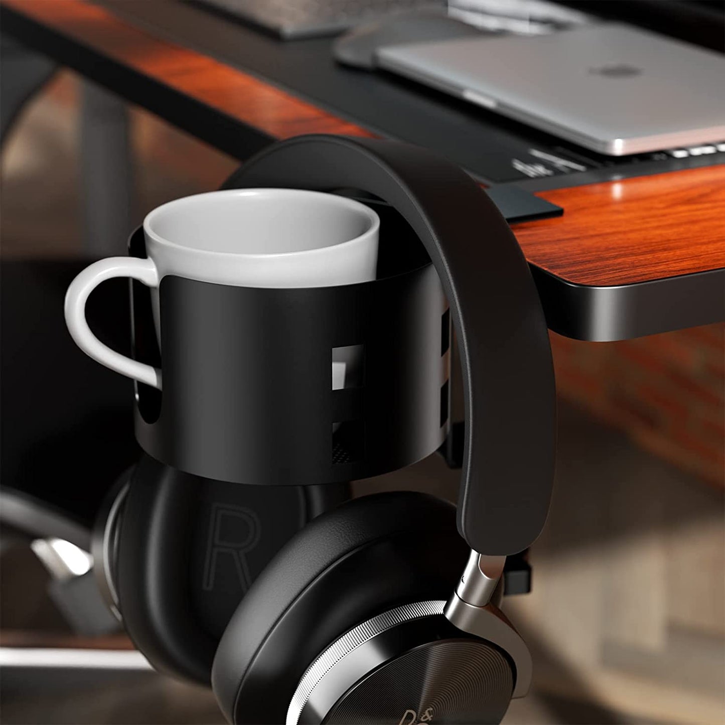 Enhanced Clamp-On Cup Holder for Large Desks, Spill-Proof Table Cup Holder, Premium Metal Gaming Desk Accessories for Cups, Bottles