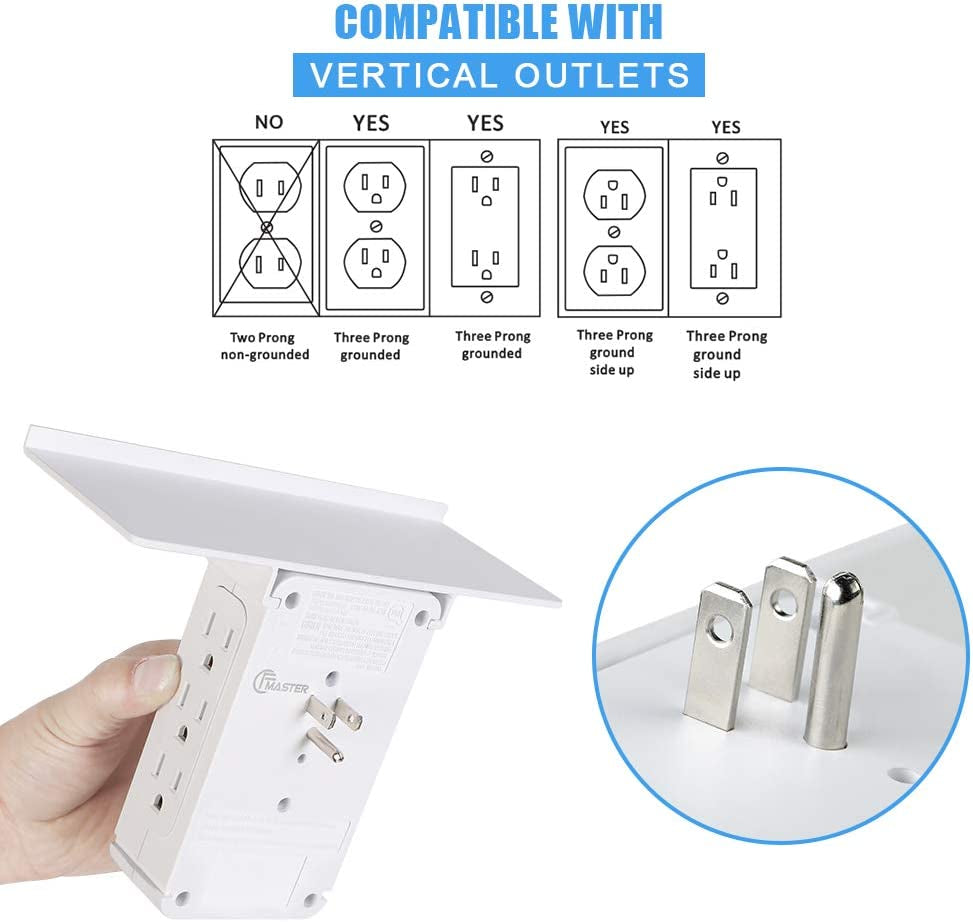 10 Port Surge Protector Wall Outlet with Shelf - 8 Electrical Outlet Extenders, 2 USB Ports 2.4A, FCC Listed (1, White)"