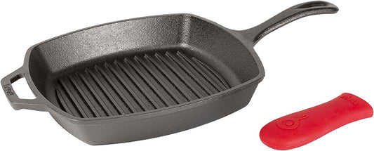 10.5-Inch Pre-Seasoned Cast Iron Square Grill Pan with Red Silicone Hot Handle Holder