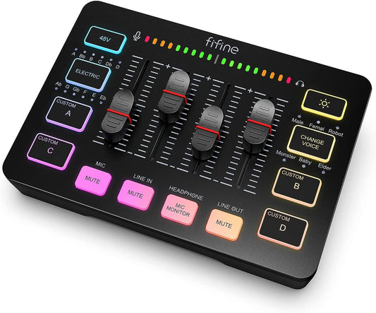 Streaming RGB PC Mixer with XLR Microphone Interface, Independent Control, Volume Fader, and Mute Button - Enhance Your Gaming Audio Experience with 48V Phantom Power for Podcasts, Vocal Recordings, and Game Voiceovers