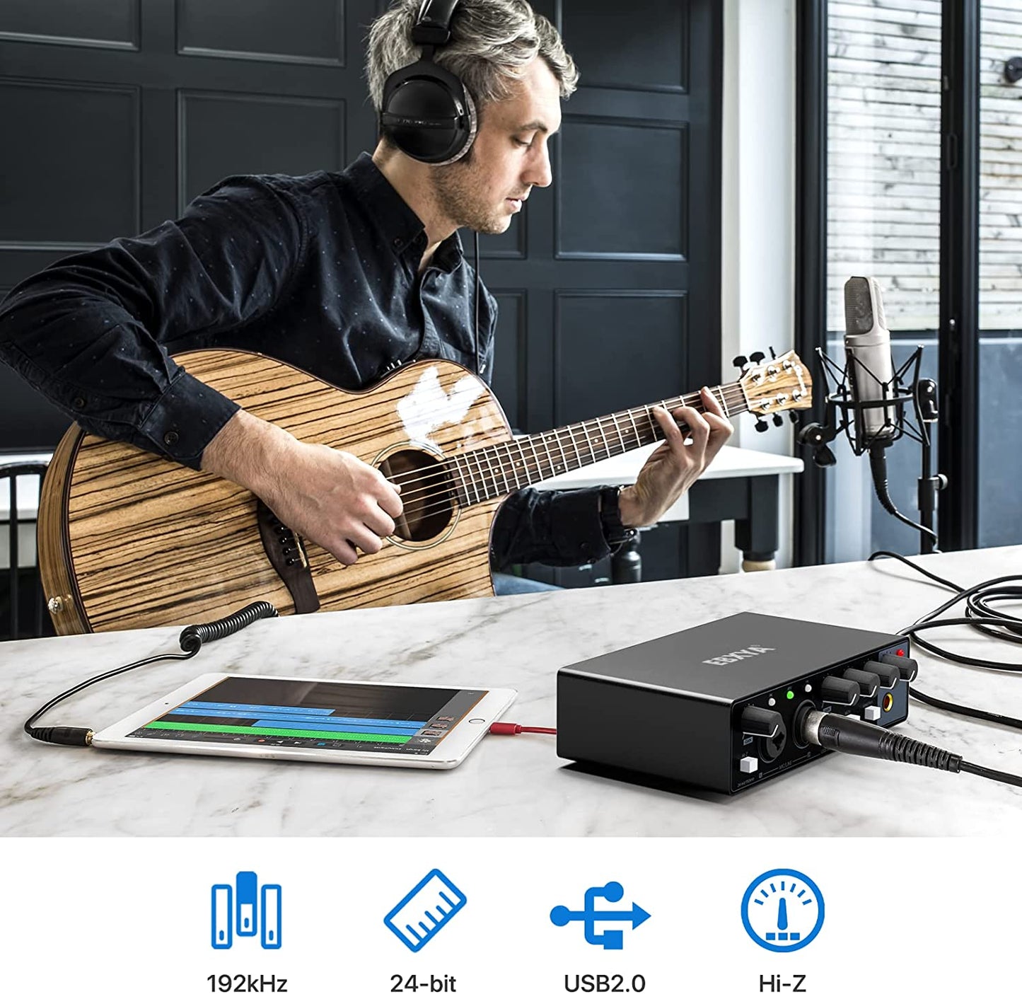 Professional-Grade 2X2 USB Audio Interface for High-Fidelity Recording, Streaming, and Podcasting, 24Bit/196Khz Studio-Quality Audio Interface Suitable for Guitarists, Vocalists, Podcasters, and Producers