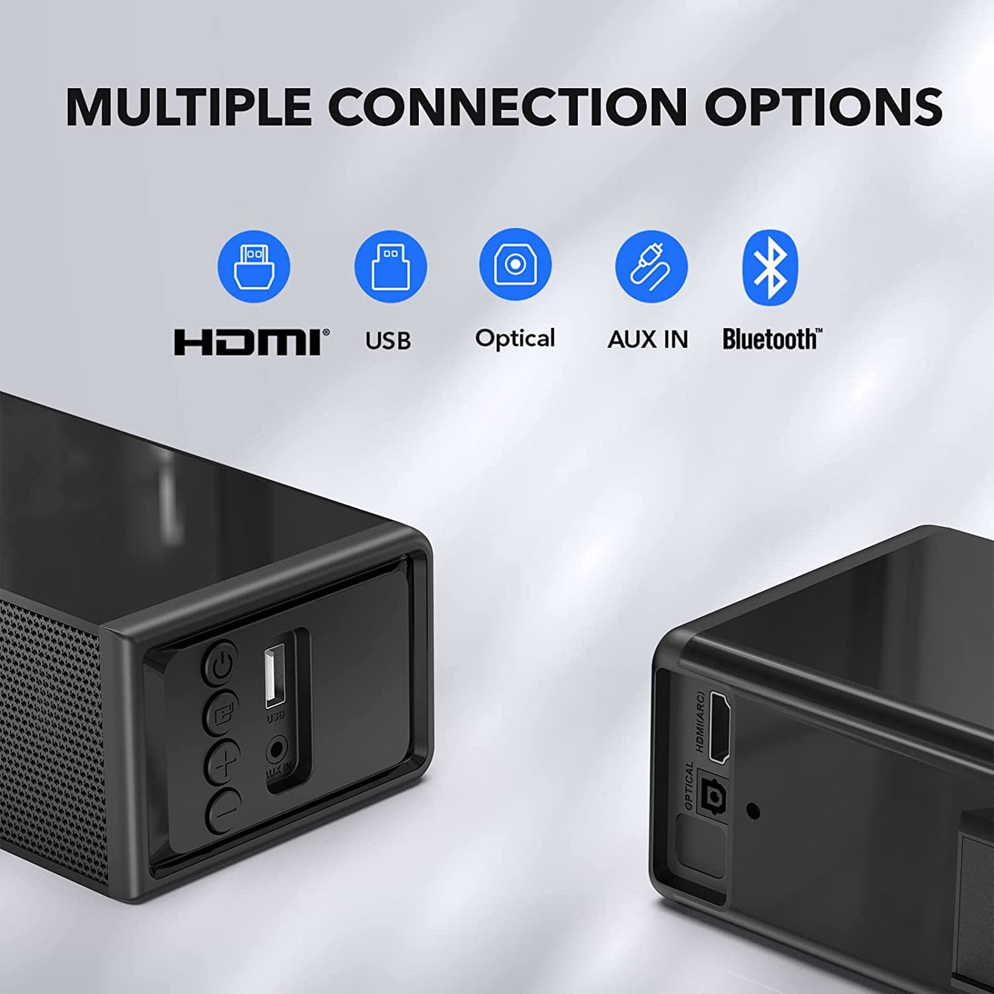 Compact Soundbar with Bluetooth, HDMI Arc, Optical, AUX, and USB Connections - Ideal for TV, PC, Gaming, and Surround Sound System