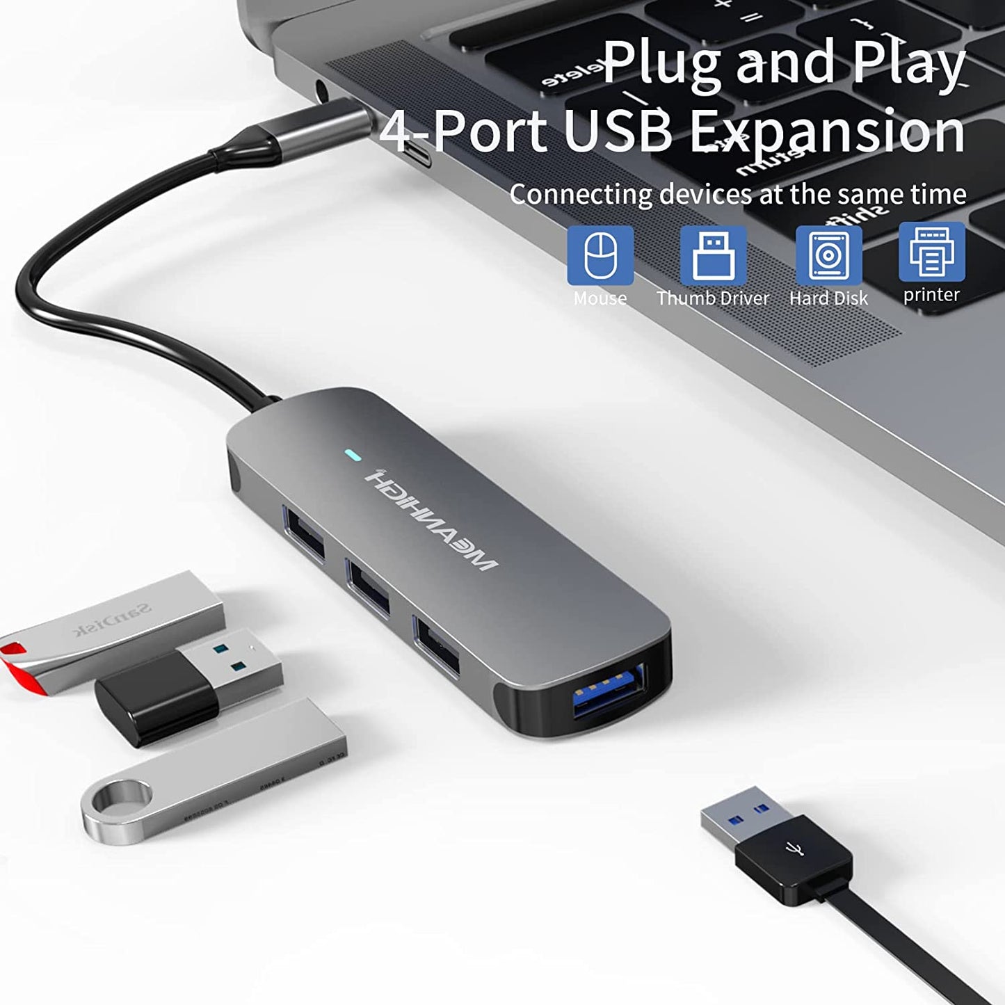High-Speed 4-Port USB 3.0 Hub for Laptop and Computer - USB 2.0 Multi-Port Expander and Splitter for Macbook Pro, Mac, Air, PC, Flash Drive, and HDD