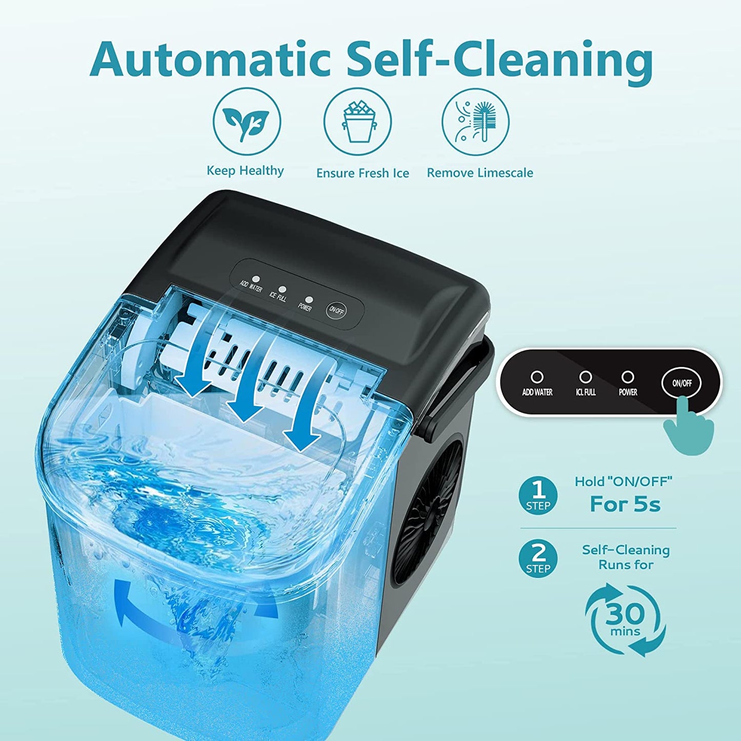 Portable Countertop Ice Maker Machine - 26lbs in 24 Hours, 9 Ice Cubes Ready in 6 Minutes, with Handle, Auto-Cleaning, Includes Basket and Scoop - Ideal for Home, Kitchen, Camping, RV - Black