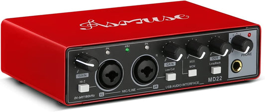Professional USB Audio Interface with 24Bit/196Khz Sound Card, XLR/TSR/TS Ports, and Audio Mixer for Guitarist, Vocalist, Podcaster, or Producer (Red)