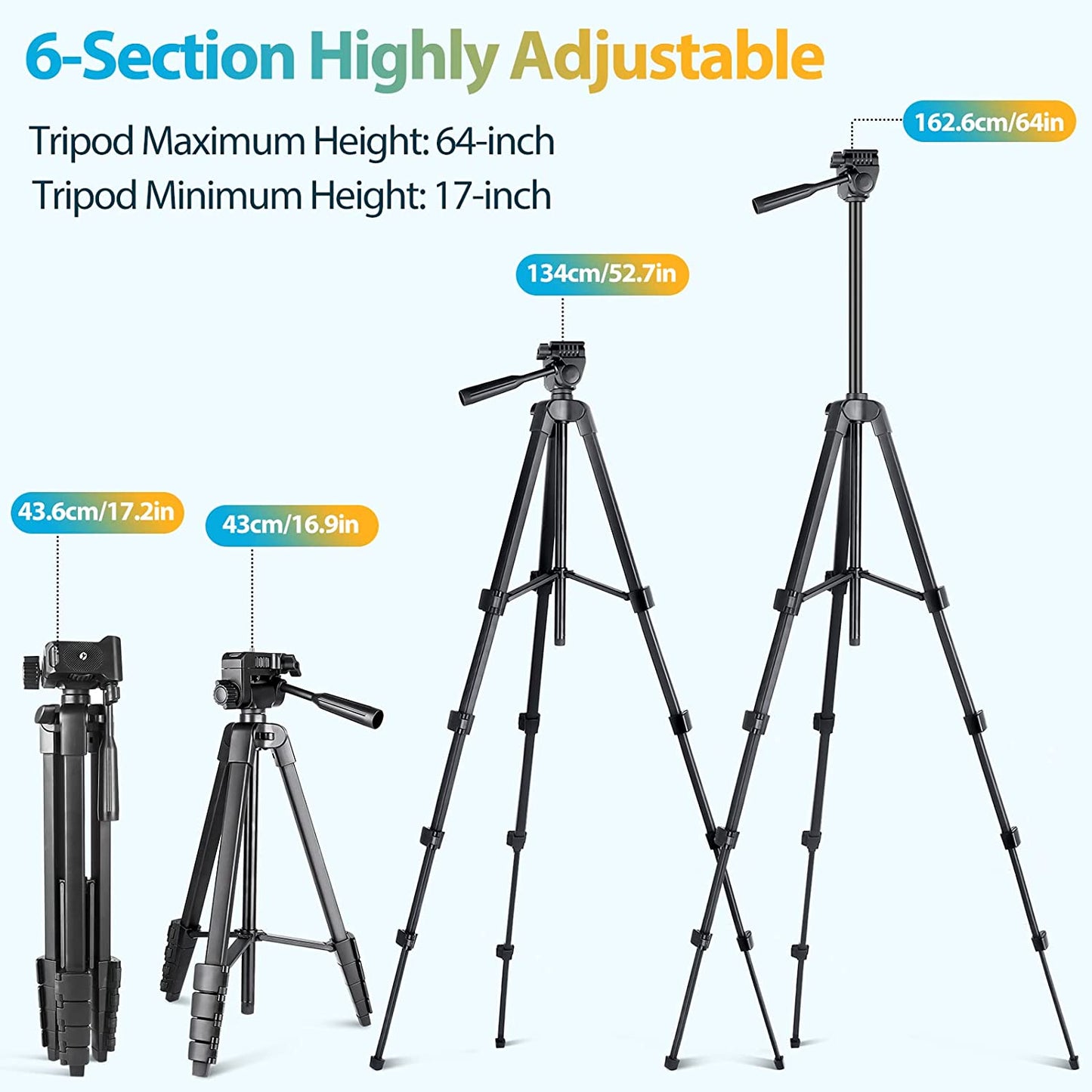 Professional 64" Extendable Phone and Camera Tripod Stand with Wireless Remote, Phone Holder, and Aluminum Construction for Video Recording, Selfies, Live Streaming, and Vlogging