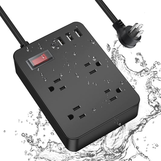 Weatherproof Outdoor Power Strip with Surge Protector, 4 Outlets, 3 USB Ports, Overload Protection, Multi Outlet Extension, 6Ft Cord, Flat Plug