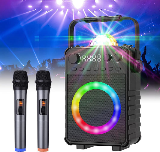 Portable Bluetooth Karaoke Machine with Wireless Microphones and Disco LED Lights for All Ages