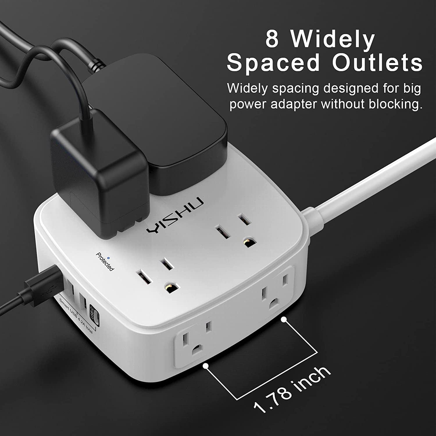Power Strip Surge Protector - 8 Widely-Spaced Outlets with 4 USB Ports, 3-Sided Extension with 6ft Cord, Flat Plug, Wall-Mountable, Desk Charging Station, ETL Certified, White