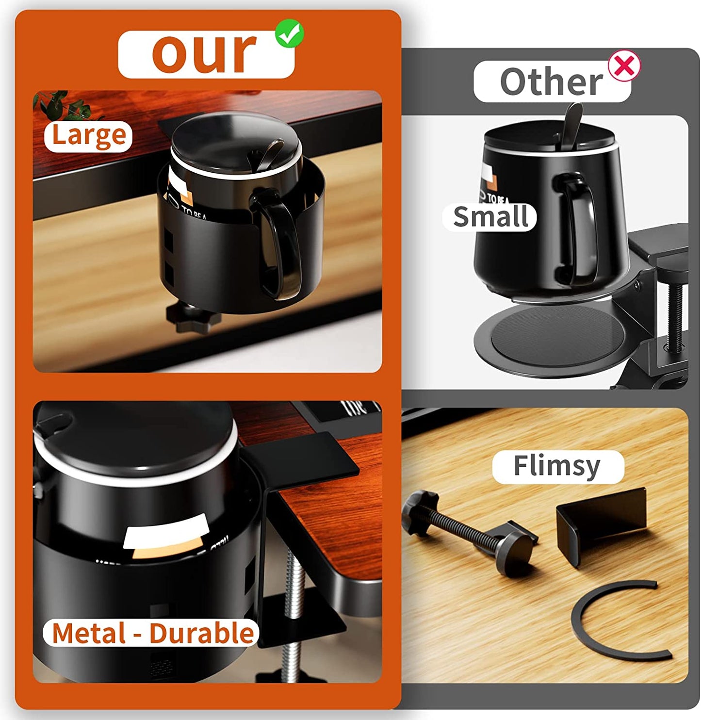 Enhanced Clamp-On Cup Holder for Large Desks, Spill-Proof Table Cup Holder, Premium Metal Gaming Desk Accessories for Cups, Bottles