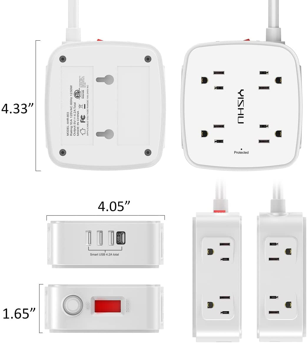 Power Strip Surge Protector - 8 Widely-Spaced Outlets with 4 USB Ports, 3-Sided Extension with 6ft Cord, Flat Plug, Wall-Mountable, Desk Charging Station, ETL Certified, White